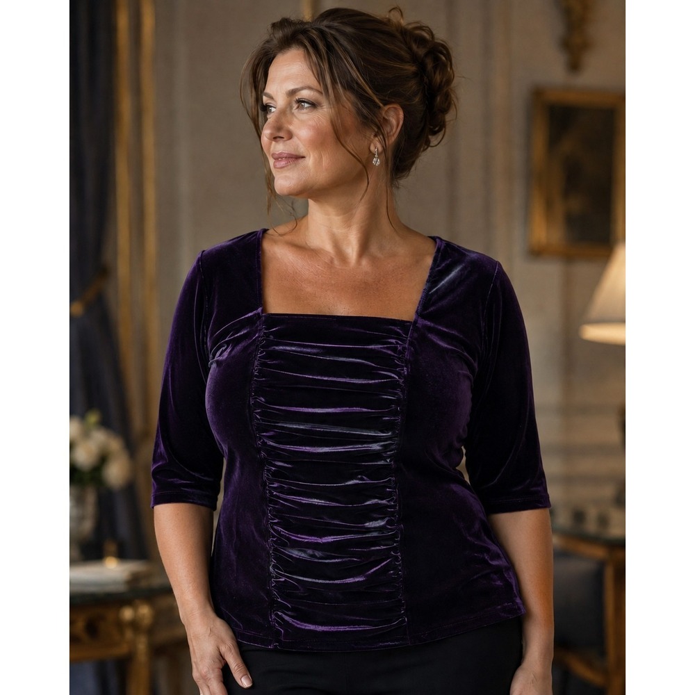 1X Rich Purple Velvet Top Elegant Renaissance Formal  Ruched Blouse Square Neck